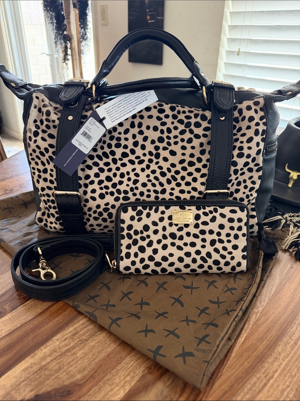 Leopard Print Satchel with Matching Wallet - Black & Cream
